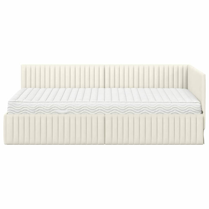 Cadru de pat colțar cu saltea cu headboard 2 pcs Crem Catifea WALTI