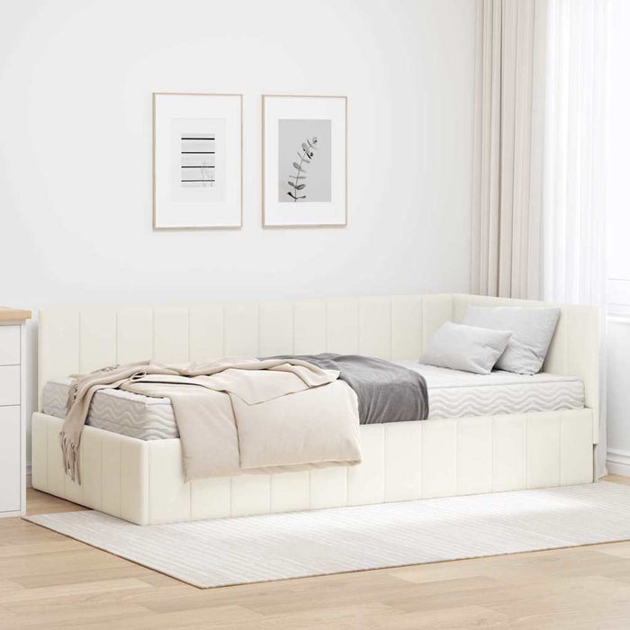 Cadru de pat colțar cu saltea cu headboard 2 buc. Crem Catifea WALTI