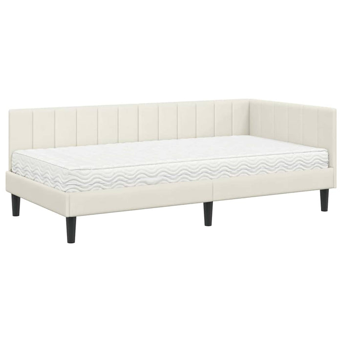 Cadru de pat colțar cu saltea cu headboard 2 pcs Crem Catifea WALTI