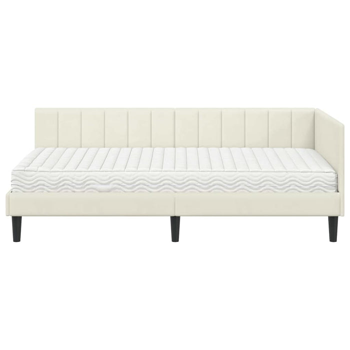 Cadru de pat colțar cu saltea cu headboard 2 pcs Crem Catifea WALTI
