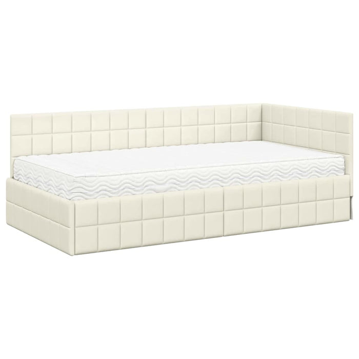 Cadru de pat colțar cu saltea cu headboard 2 pcs Crem Catifea - WALTI WALTI