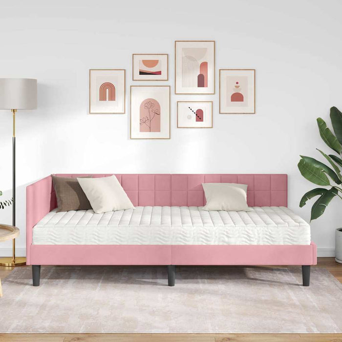 Cadru de pat colțar cu saltea 2 buc. Roz 90 x 200 cm Catifea WALTI