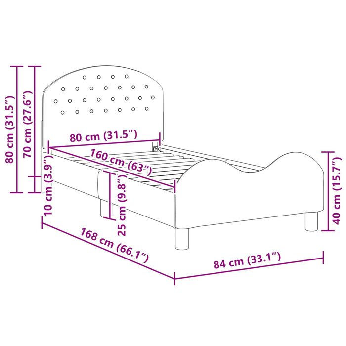 Cadru de pat pentru copii cu spătar Violet 80 x 160 cm Catifea WALTI