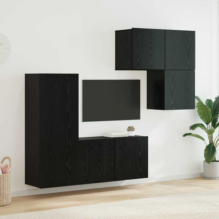 Unitate TV de Perete Pe perete 4 pcs Stejar Negru Lemn compozit - WALTI WALTI