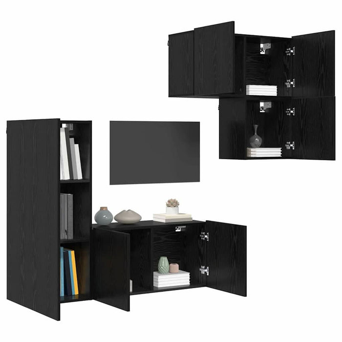 Unitate TV de Perete Pe perete 4 pcs Stejar Negru Lemn compozit - WALTI WALTI