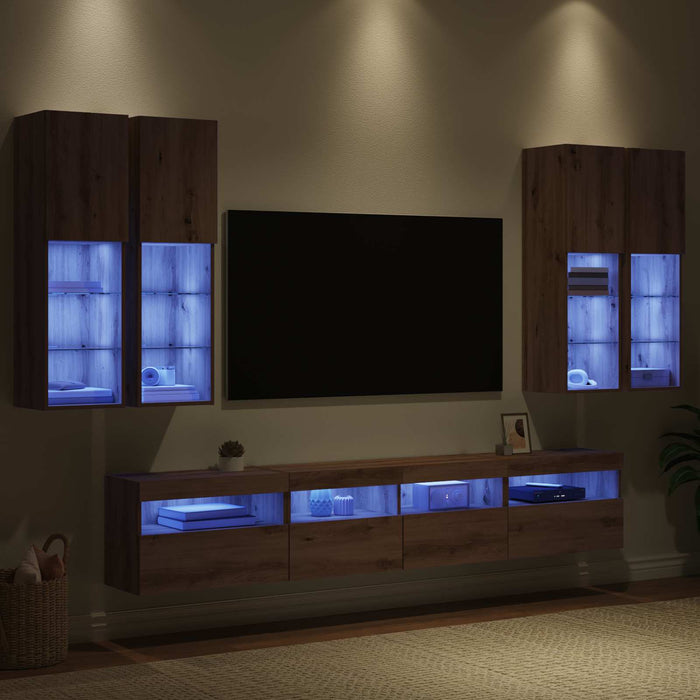 Set Dulap TV pe Perete cu Lămpi LED 7 pcs stejar artizanal - WALTI WALTI