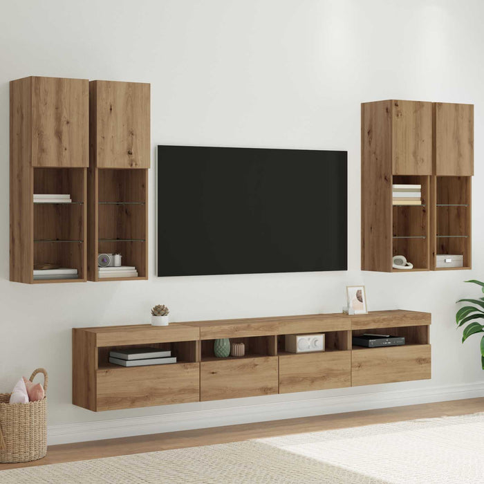 Set Dulap TV pe Perete cu Lămpi LED 7 pcs stejar artizanal - WALTI WALTI