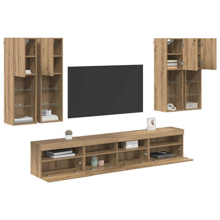 Set Dulap TV pe Perete cu Lămpi LED 7 pcs stejar artizanal - WALTI WALTI