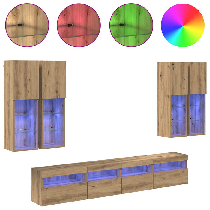 Set Dulap TV pe Perete cu Lămpi LED 7 pcs stejar artizanal - WALTI WALTI