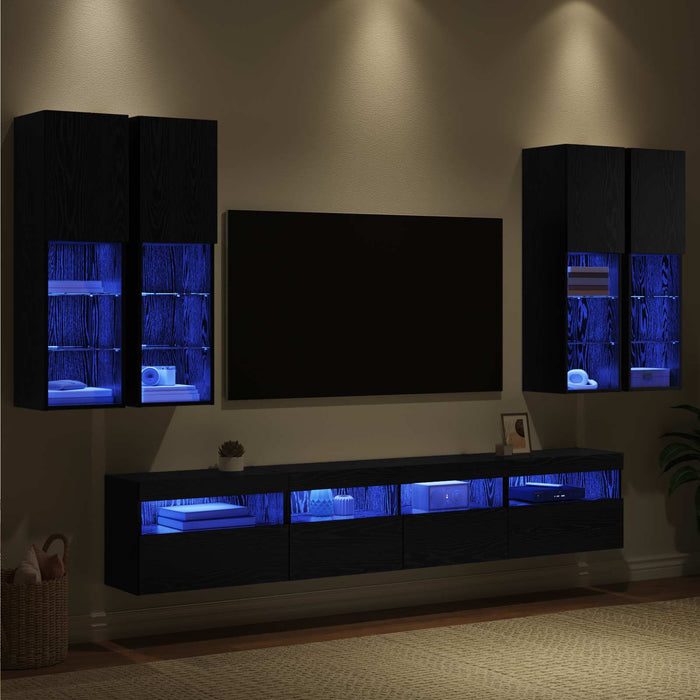 Set Dulap TV pe Perete cu Lămpi LED cu led 7 pcs Stejar Negru - WALTI WALTI
