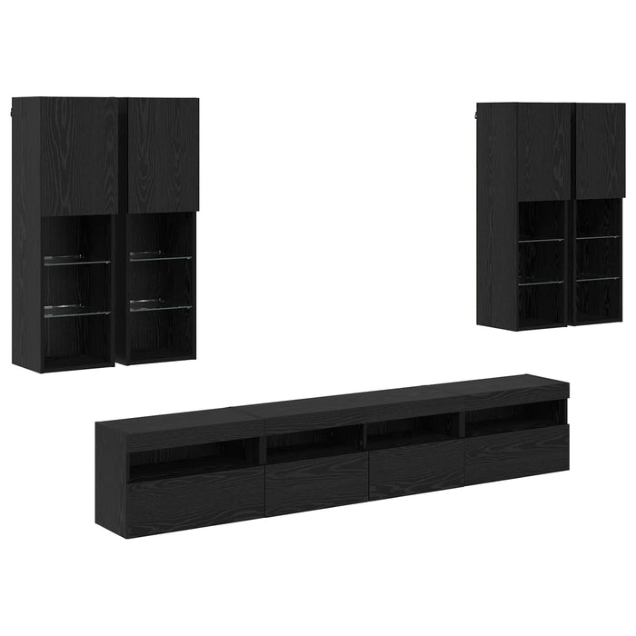 Set Dulap TV pe Perete cu Lămpi LED cu led 7 pcs Stejar Negru - WALTI WALTI
