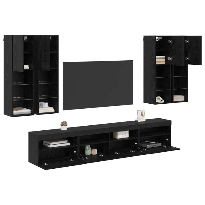 Set Dulap TV pe Perete cu Lămpi LED cu led 7 pcs Stejar Negru - WALTI WALTI