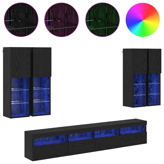Set Dulap TV pe Perete cu Lămpi LED cu led 7 pcs Stejar Negru - WALTI WALTI