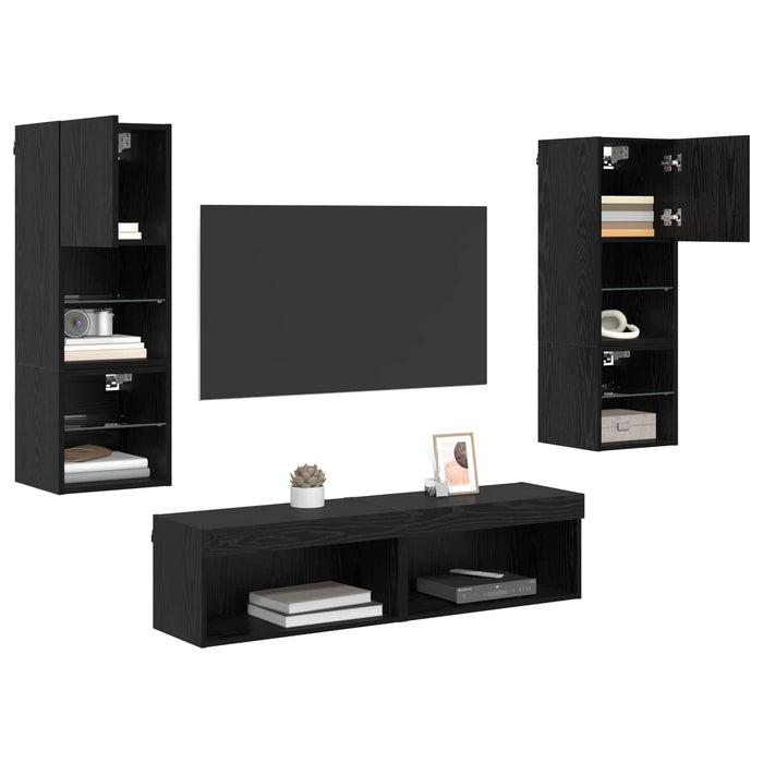 Unitate TV de Perete Pe perete 6 pcs Stejar Negru Lemn compozit - WALTI WALTI