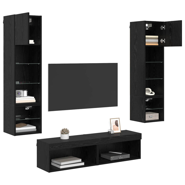 Unitate TV de Perete Pe perete 6 pcs Stejar Negru Lemn compozit - WALTI WALTI