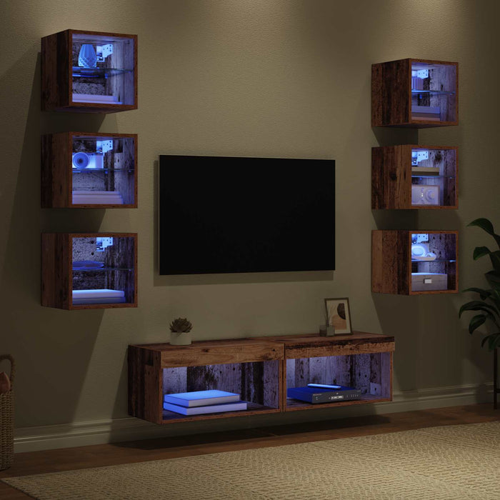 Cabinet TV cu lumini cu bandă LED 8 pcs Lemn Vechi Sticlă - WALTI WALTI