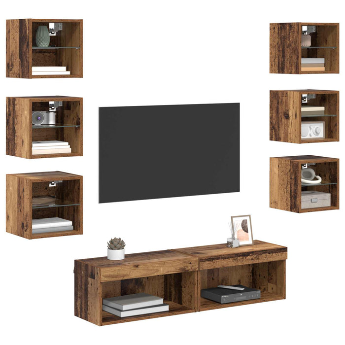 Cabinet TV cu lumini cu bandă LED 8 pcs Lemn Vechi Sticlă - WALTI WALTI