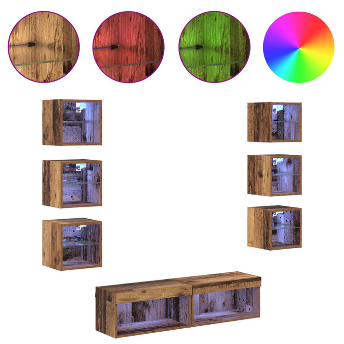 Cabinet TV cu lumini cu bandă LED 8 pcs Lemn Vechi Sticlă - WALTI WALTI