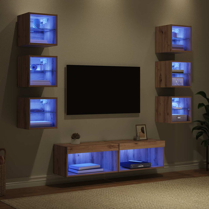 Cabinet TV cu lumini cu bandă LED 8 pcs Stejar Artizanal Sticlă - WALTI WALTI