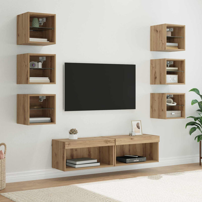 Cabinet TV cu lumini cu bandă LED 8 pcs Stejar Artizanal Sticlă - WALTI WALTI