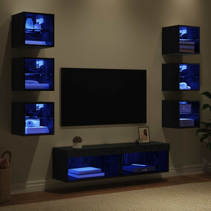 Cabinet TV cu lumini cu bandă LED 8 pcs Stejar Negru Sticlă - WALTI WALTI