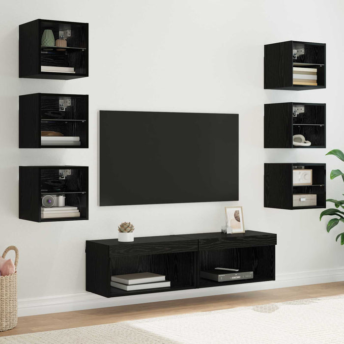 Cabinet TV cu lumini cu bandă LED 8 pcs Stejar Negru Sticlă - WALTI WALTI