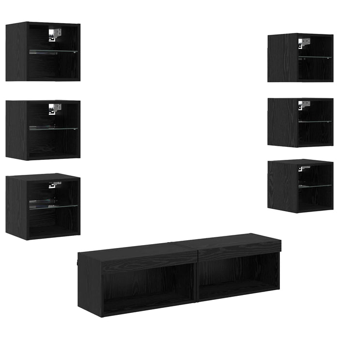 Cabinet TV cu lumini cu bandă LED 8 pcs Stejar Negru Sticlă - WALTI WALTI
