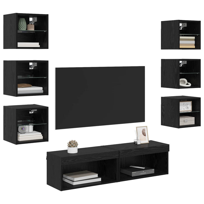 Cabinet TV cu lumini cu bandă LED 8 pcs Stejar Negru Sticlă - WALTI WALTI