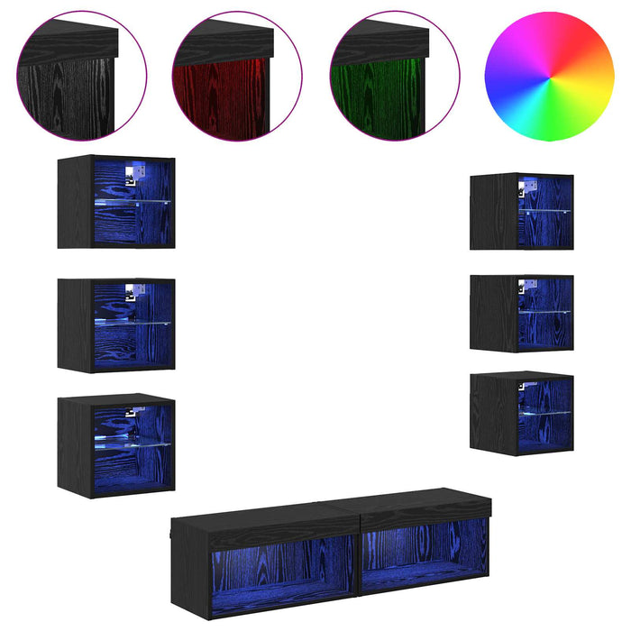 Cabinet TV cu lumini cu bandă LED 8 pcs Stejar Negru Sticlă - WALTI WALTI