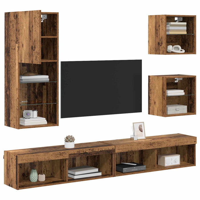 Unități TV de perete cu LED Pe perete 5 pcs Lemn Vechi Lemn compozit - WALTI WALTI