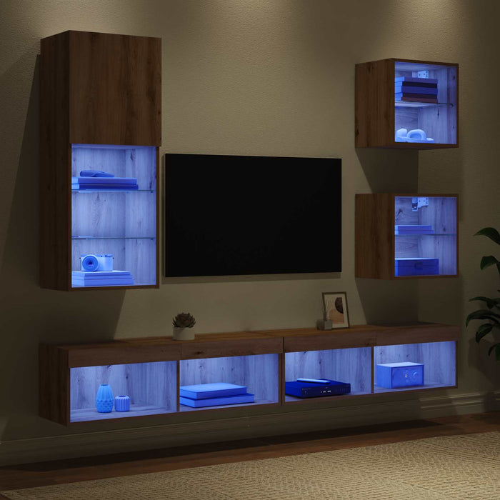 Unități TV de perete cu LED 5 pcs Stejar Artizanal Lemn compozit - WALTI WALTI