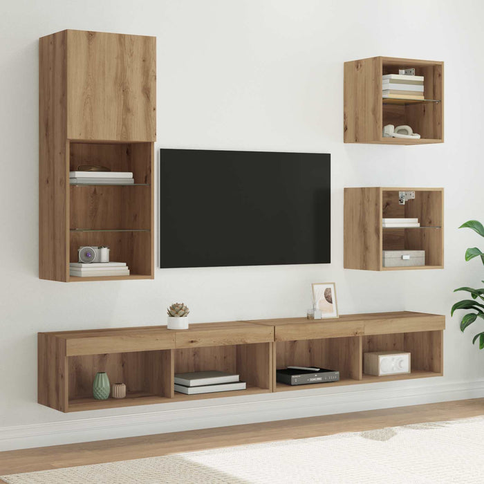 Unități TV de perete cu LED 5 pcs Stejar Artizanal Lemn compozit - WALTI WALTI