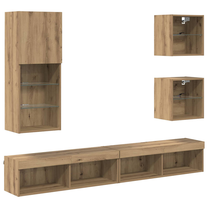 Unități TV de perete cu LED 5 pcs Stejar Artizanal Lemn compozit - WALTI WALTI