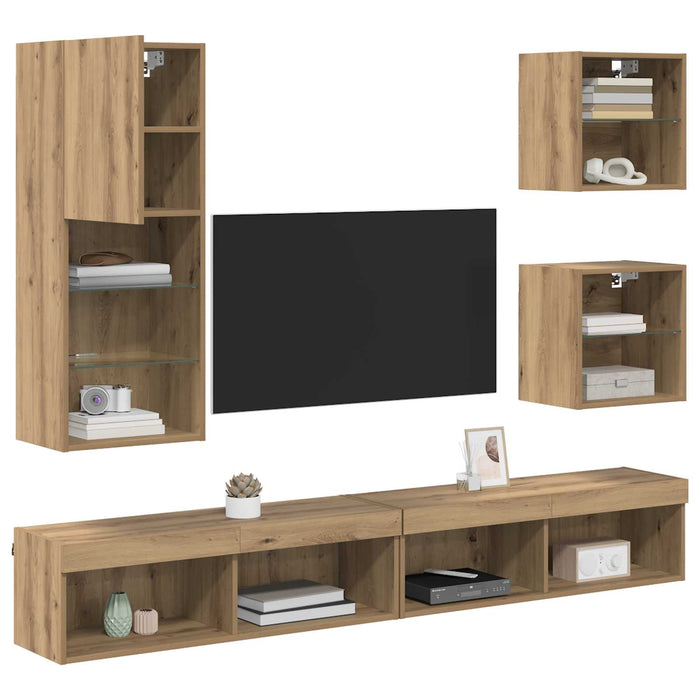 Unități TV de perete cu LED 5 pcs Stejar Artizanal Lemn compozit - WALTI WALTI