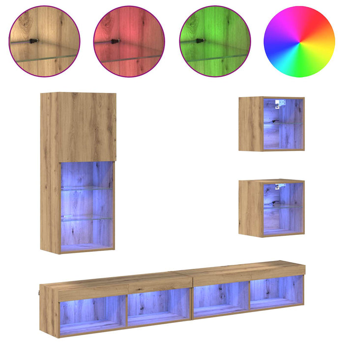 Unități TV de perete cu LED 5 pcs Stejar Artizanal Lemn compozit - WALTI WALTI