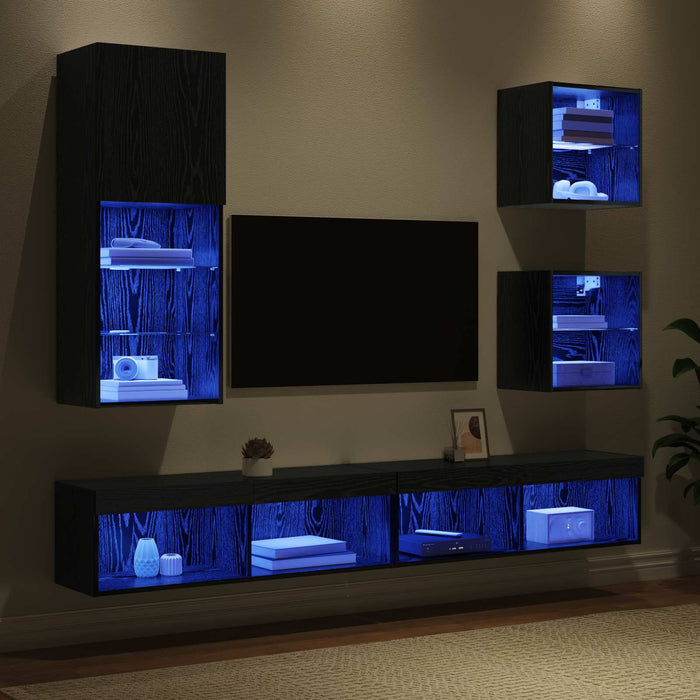 Unități TV de perete cu LED 5 pcs Stejar Negru Lemn compozit - WALTI WALTI