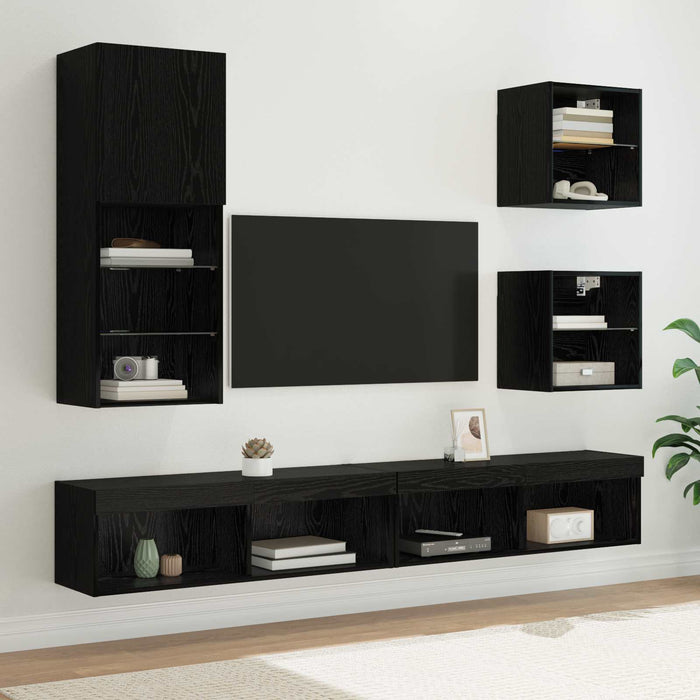 Unități TV de perete cu LED 5 pcs Stejar Negru Lemn compozit - WALTI WALTI