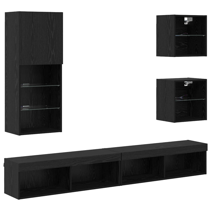 Unități TV de perete cu LED 5 pcs Stejar Negru Lemn compozit - WALTI WALTI