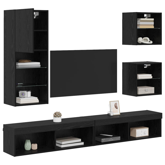Unități TV de perete cu LED 5 pcs Stejar Negru Lemn compozit - WALTI WALTI