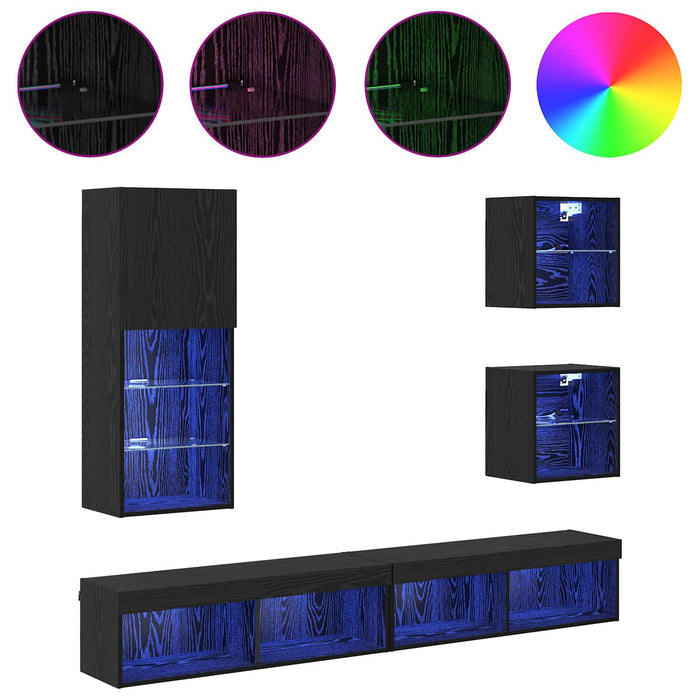 Unități TV de perete cu LED 5 pcs Stejar Negru Lemn compozit - WALTI WALTI