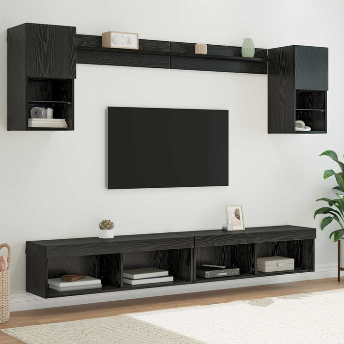 Unități TV de perete cu LED 6 pcs Stejar Negru Lemn compozit - WALTI WALTI