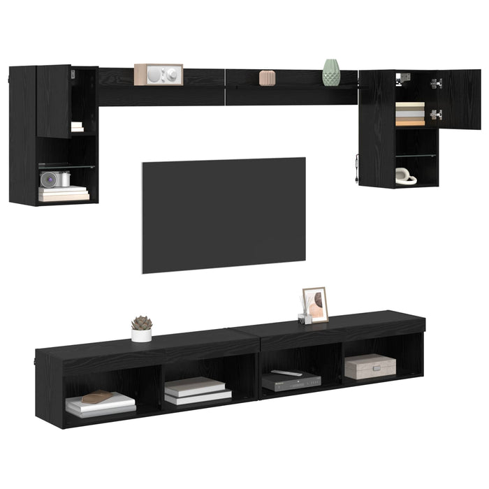 Unități TV de perete cu LED 6 pcs Stejar Negru Lemn compozit - WALTI WALTI
