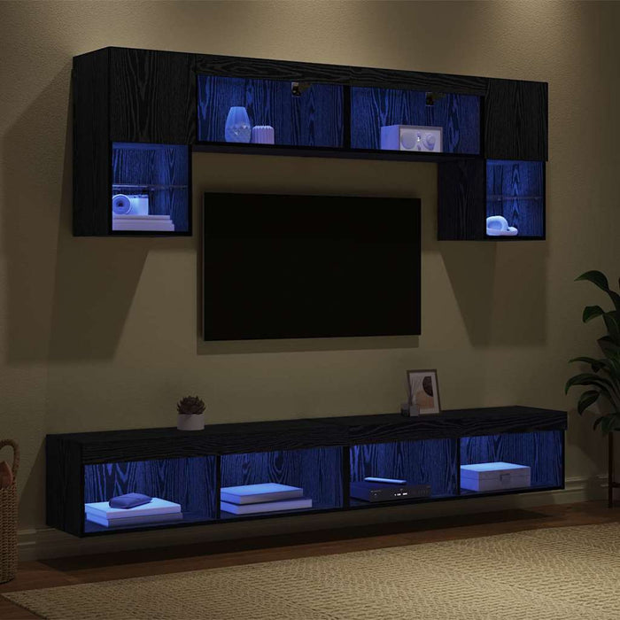 Unități TV de perete cu LED 6 pcs Stejar Negru Lemn compozit - WALTI WALTI