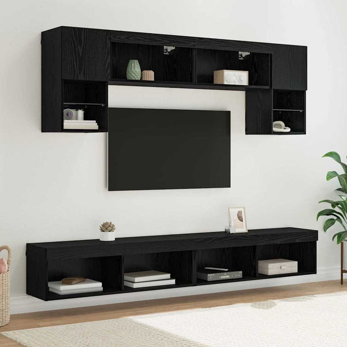 Unități TV de perete cu LED 6 pcs Stejar Negru Lemn compozit - WALTI WALTI