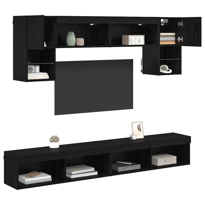 Unități TV de perete cu LED 6 pcs Stejar Negru Lemn compozit - WALTI WALTI