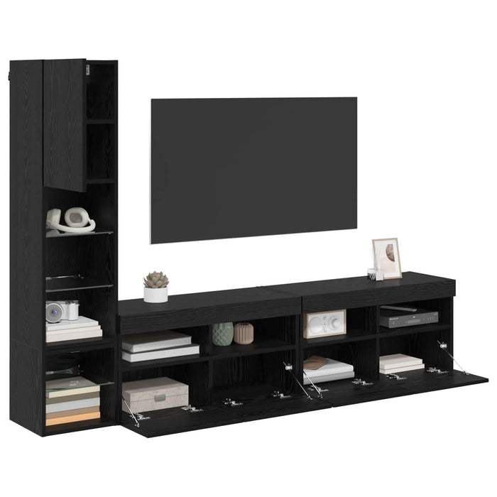 Unitate TV de Perete cu led 4 pcs Stejar Negru Lemn compozit - WALTI WALTI