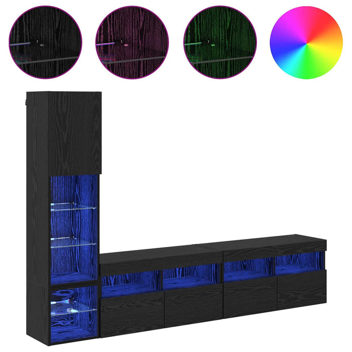 Unitate TV de Perete cu led 4 pcs Stejar Negru Lemn compozit - WALTI WALTI