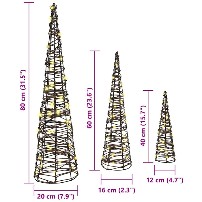 Brad de Crăciun 3 pcs Alb cald 40 cm 60 cm 80 cm Ratan - WALTI WALTI
