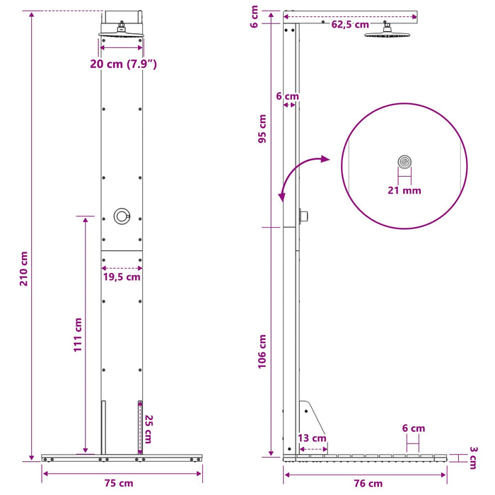 Duș exterior 210 cm Lemn de pin impregnat și oțel inoxidabil WALTI