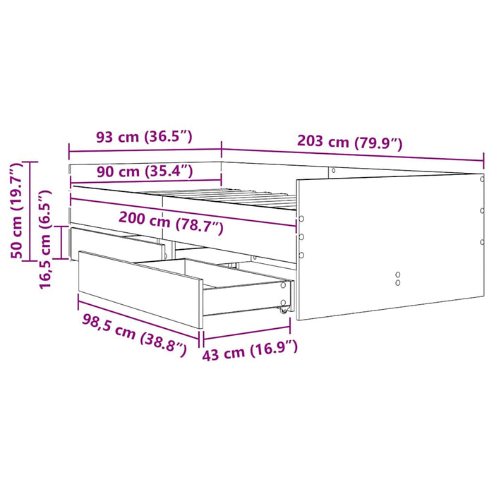 Cadru de pat cu sertar Lemn Vechi 90 x 200 cm Lemn de pin masiv - WALTI WALTI